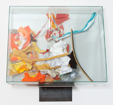 AFLOAT, 2014, oil and acrylic paint, paper, photograph, wood, acetate on plexiglass  in glass box with metal bracket, 106 x 133 x 16 cm